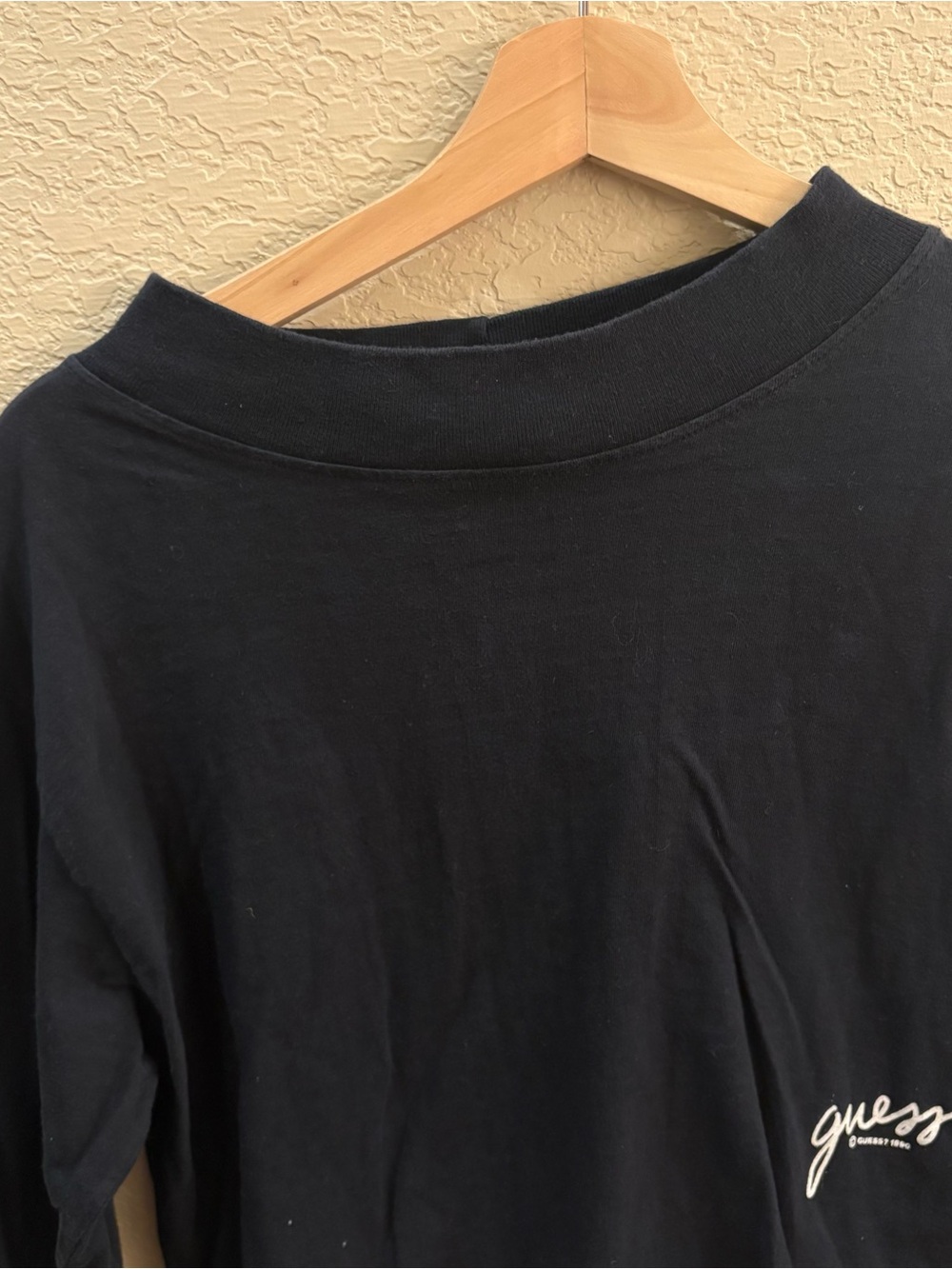 Vtg 90s GUESS Georges Marciano Asymmetrical Neck Crop Black Long Sleeve Y2K